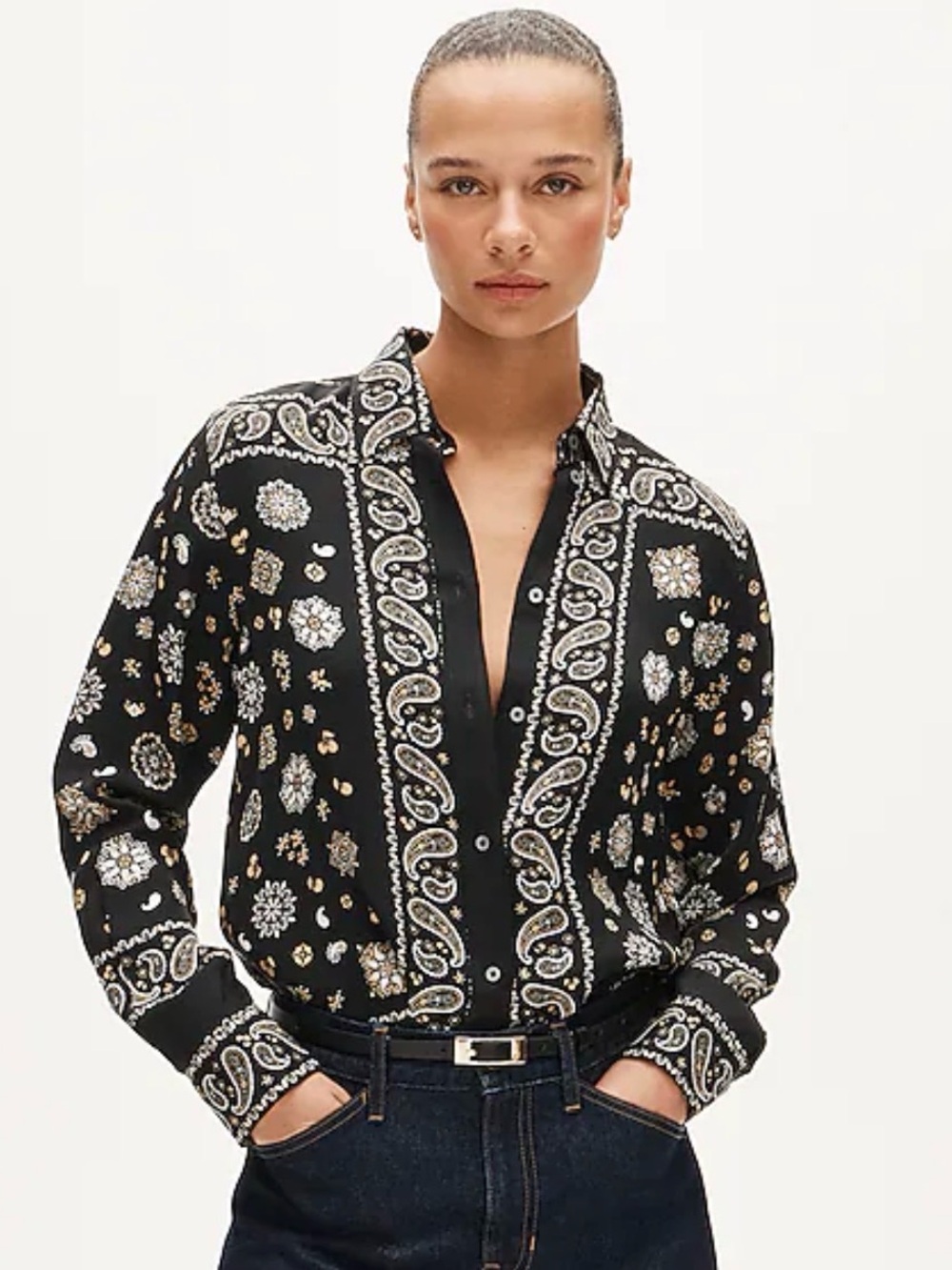 J. Crew Jules Classic Fit Blouse Black Paisley Print Button-Down size 2 Career